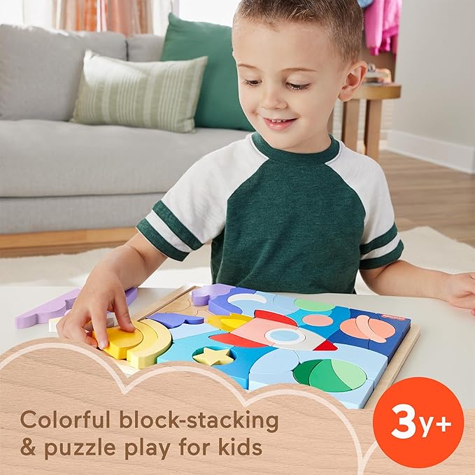 Fisher-Price Wood Preschool Toy Space Blocks Jigsaw Puzzle, 42 Wooden Pieces for Stacking & Sorting Play Kids Ages 3+ Years image 5