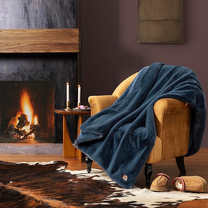 UGG Euphoria Faux Fur Throw Blanket, Soft Warm Throw Blankets for Couch or Bed, Luxury Bedroom Decor, Giftable Fuzzy Blankets, Machine Washable, 50-inch x 70-inch, Indigo Blue image 2