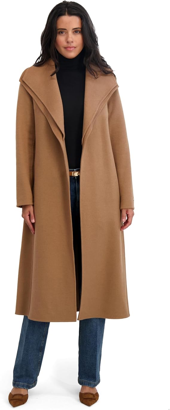 TAHARI womens Slim Fit Double-faced Soft Wool Blend Wrap Coat With Tie Belt – Long Wool Coat image 1