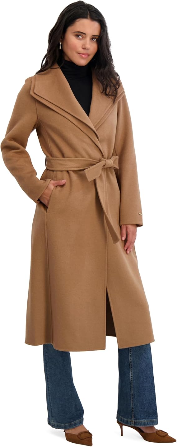 TAHARI womens Slim Fit Double-faced Soft Wool Blend Wrap Coat With Tie Belt – Long Wool Coat image 2