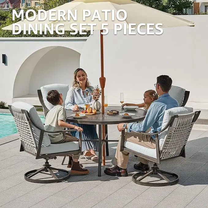 NATURAL EXPRESSIONS 5-Piece Outdoor Patio Dining Set, 4pcs Patio Swivel Rocking Chairs and 38’’ Round Dining Table with 1.65’’ Umbrella Hole image 2