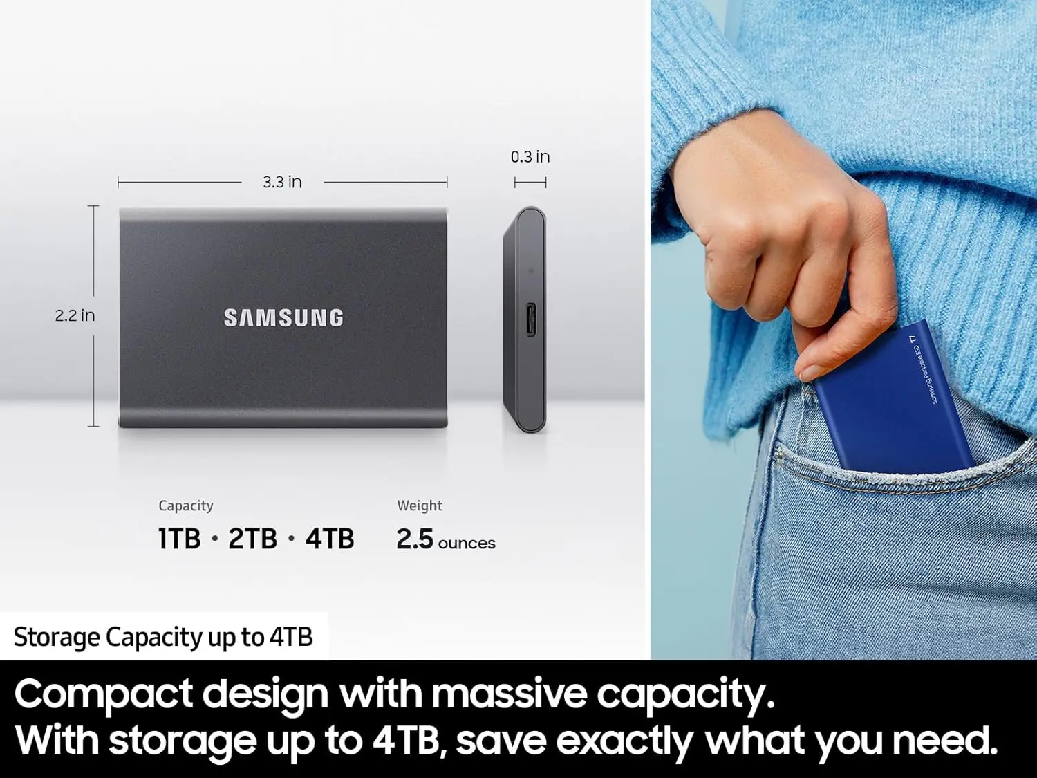 SAMSUNG T7 Portable SSD, 4TB External Solid State Drive, Speeds Up to 1,050MB/s, USB 3.2 Gen 2, Reliable Storage for Gaming, Students, Professionals, MU-PC4T0T/AM, Gray image 3