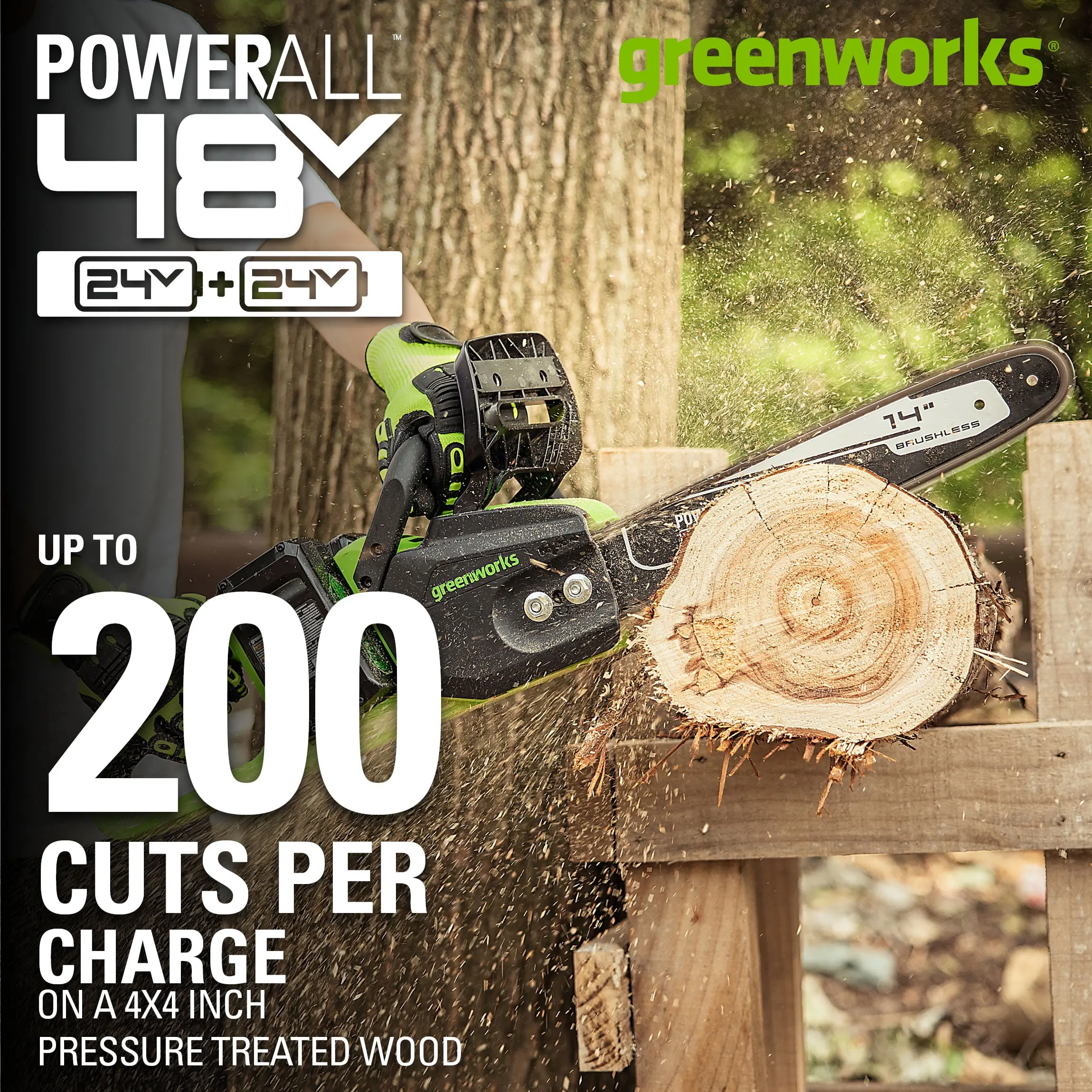 Greenworks 48V (2x24V) 14" Brushless Chainsaw + (2) 4Ah USB Batteries & Dual Port Charger 2017902 image 3