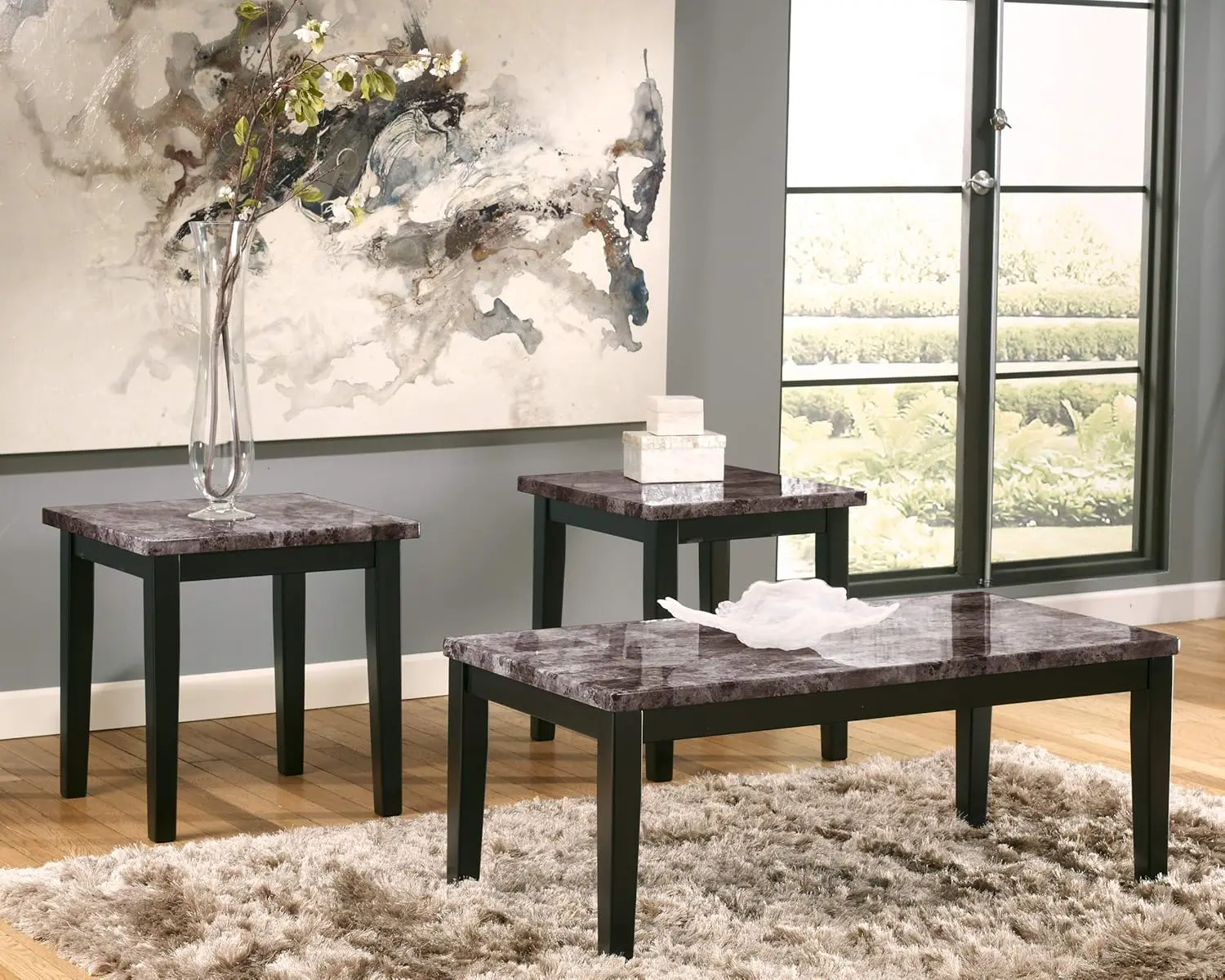 Signature Design by Ashley Maysville Faux Marble Top 3-Piece Table Set, Includes Coffee Table & 2 End Tables, Black image 2
