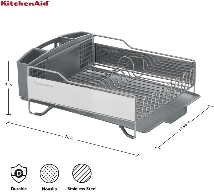 KitchenAid Large Capacity Full Size Rust Resistant Dish Rack with Angled Drain Board and Removable Flatware Caddy, Light Grey image 2