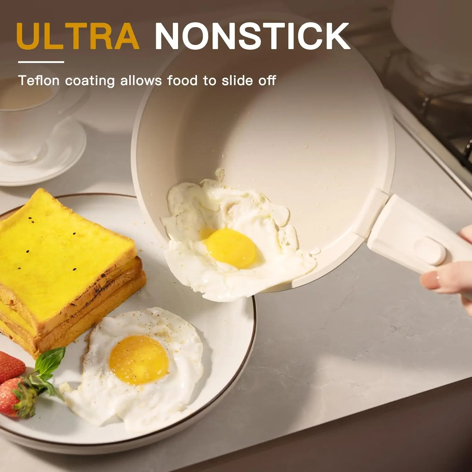 Astercook 23 Pcs Pots and Pans Set Non Stick, Ceramic Cookware Set Detachable Handle, RV Kitchen Cooking Set Removable Handles, Oven Safe, Induction Ready, Stackable Non-stick Set, Cream White image 4