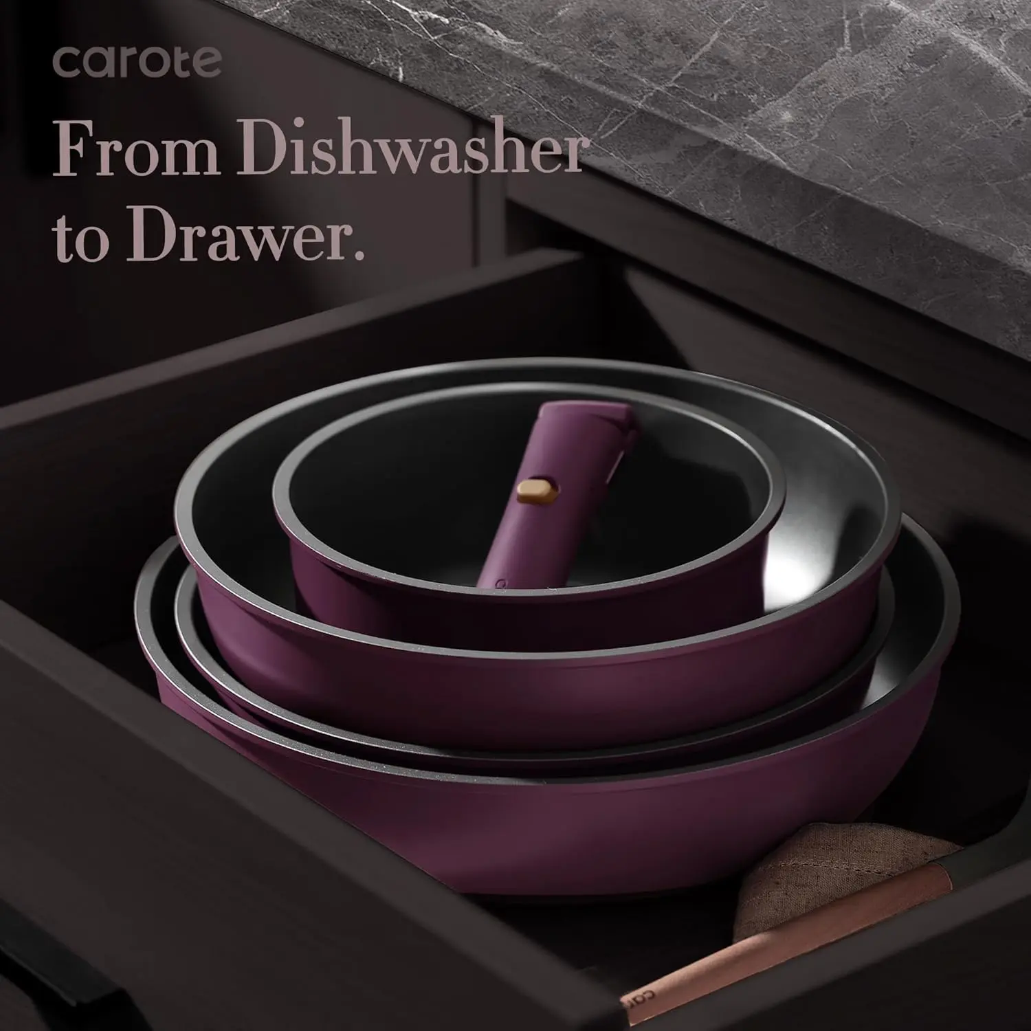 CAROTE 21pcs Pots and Pans Set, Nonstick Cookware Set Detachable Handle, Induction Kitchen Cookware Sets Non Stick with Removable Handle, RV Cookware Set, Gold and Purple image 8