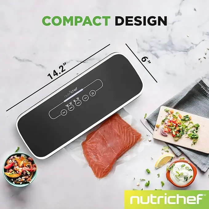 NutriChef Food Vacuum Sealer Machine - Automatic Air Sealing System for Dry & Moist Foods, LED Touch Controls, Includes Vacuum Bags, Hose & Wine Stopper, High Suction Power, 14"x6"x3", Black image 3