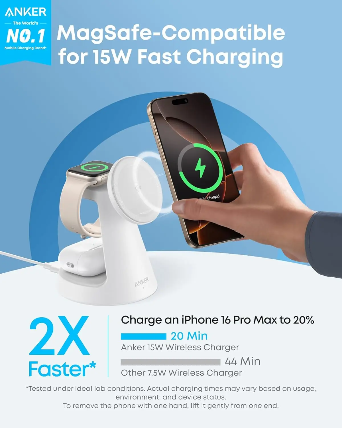 Anker MagSafe Charger Compatible, MagGo 3-in-1 Charging Station, Nano Charging Stand, Qi2 Certified 15W Magnetic Wireless Charger Dock Stand, For iPhone16/15/14, Apple Watch,AirPods (Adapter Included) image 2