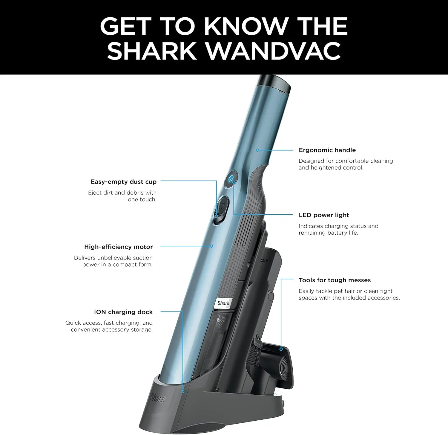 Shark WV201BLBRN WANDVAC Cordless Hand Vac, Lightweight and Portable at 1.4 lbs. with Powerful Suction, Charging Dock, One-Touch Empty for Car & Home, Cove Blue image 13
