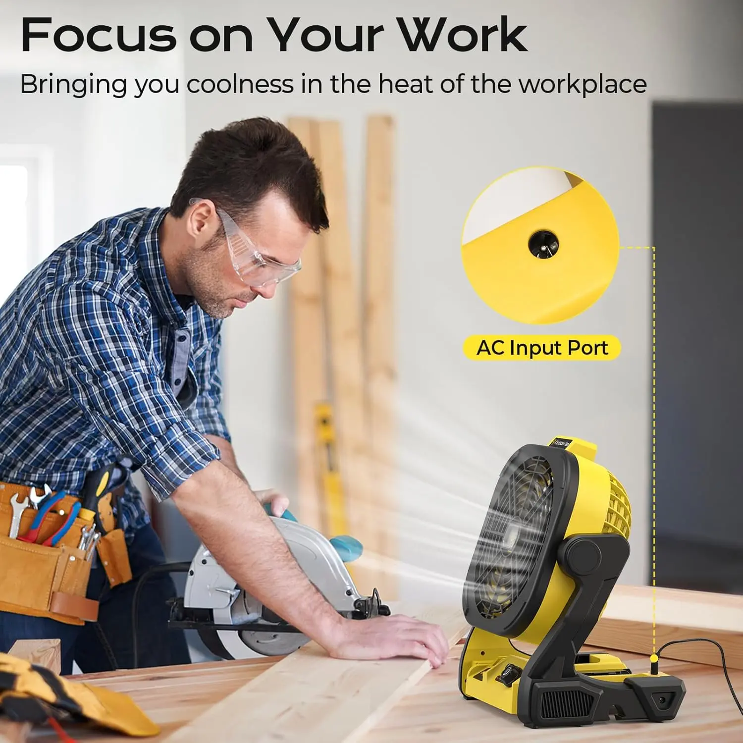 Battery Operated Fan for Dewalt 20V Max battery, Portable Fan with AC Adapter & LED Lights, 4 Speeds & Hook, Cordless/Camping/Battery Powered fan, for Outdoor Jobsite (Battery Not Included) image 3