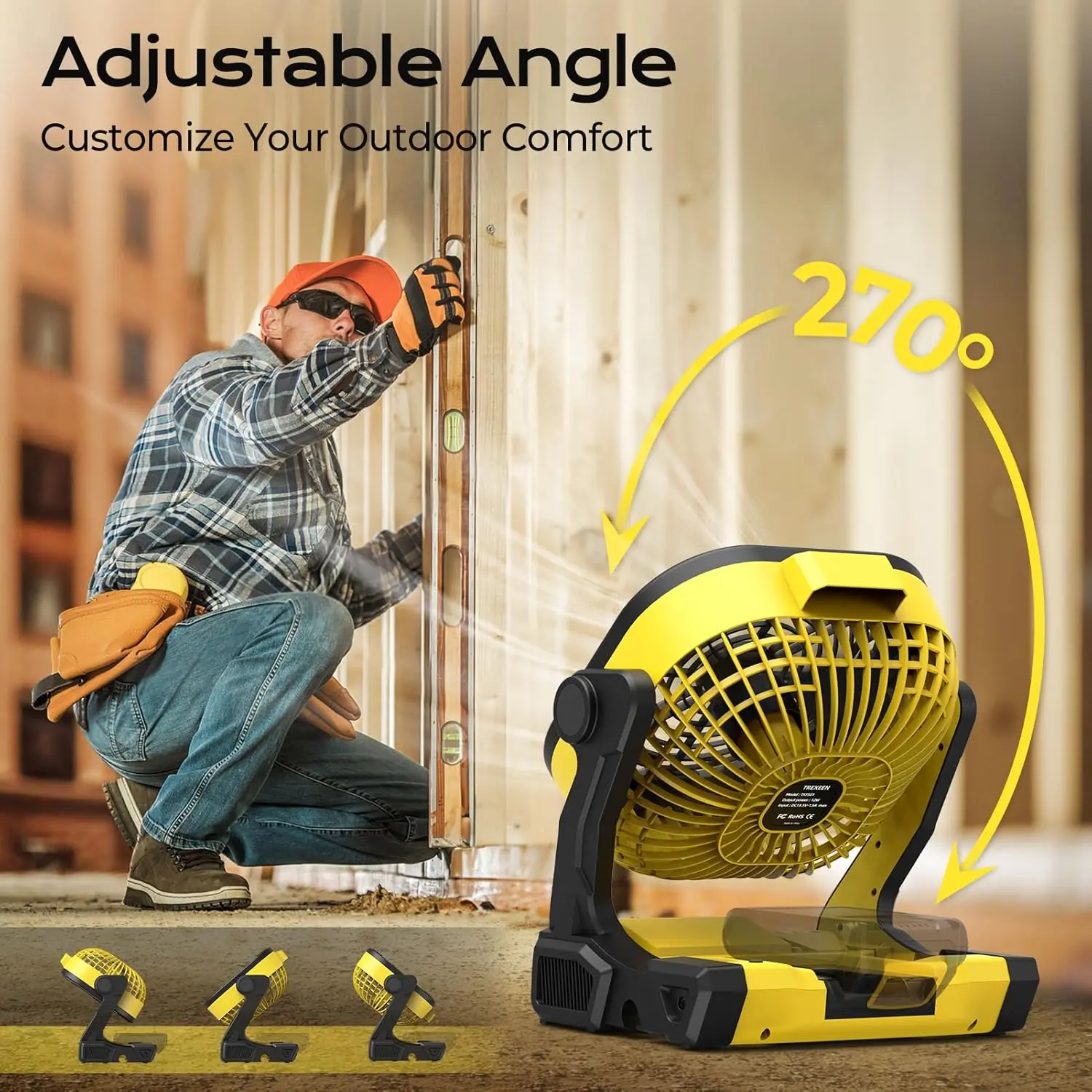 Battery Operated Fan for Dewalt 20V Max battery, Portable Fan with AC Adapter & LED Lights, 4 Speeds & Hook, Cordless/Camping/Battery Powered fan, for Outdoor Jobsite (Battery Not Included) image 4