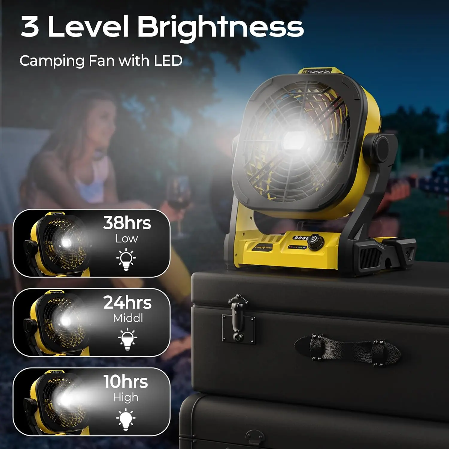 Battery Operated Fan for Dewalt 20V Max battery, Portable Fan with AC Adapter & LED Lights, 4 Speeds & Hook, Cordless/Camping/Battery Powered fan, for Outdoor Jobsite (Battery Not Included) image 5