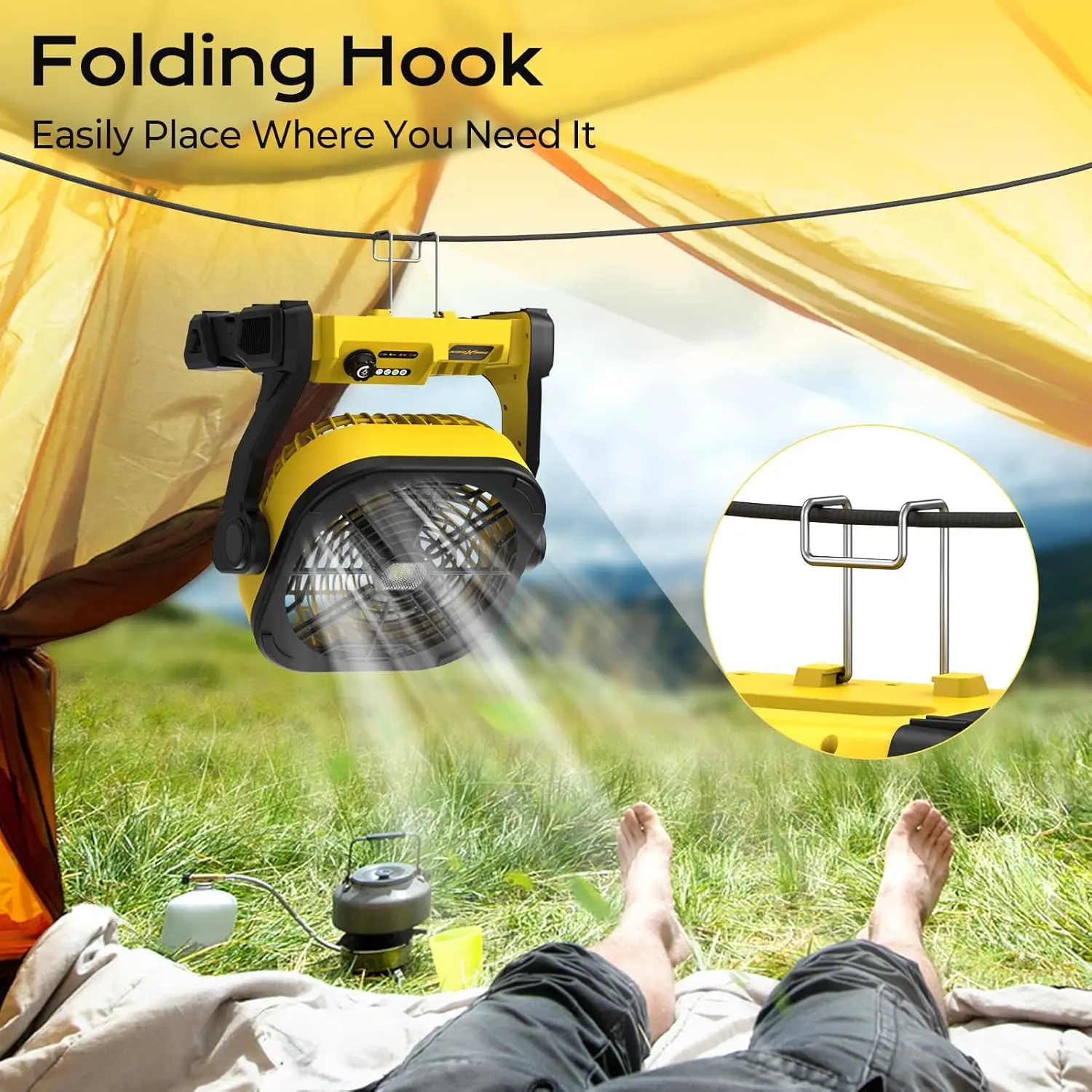 Battery Operated Fan for Dewalt 20V Max battery, Portable Fan with AC Adapter & LED Lights, 4 Speeds & Hook, Cordless/Camping/Battery Powered fan, for Outdoor Jobsite (Battery Not Included) image 6