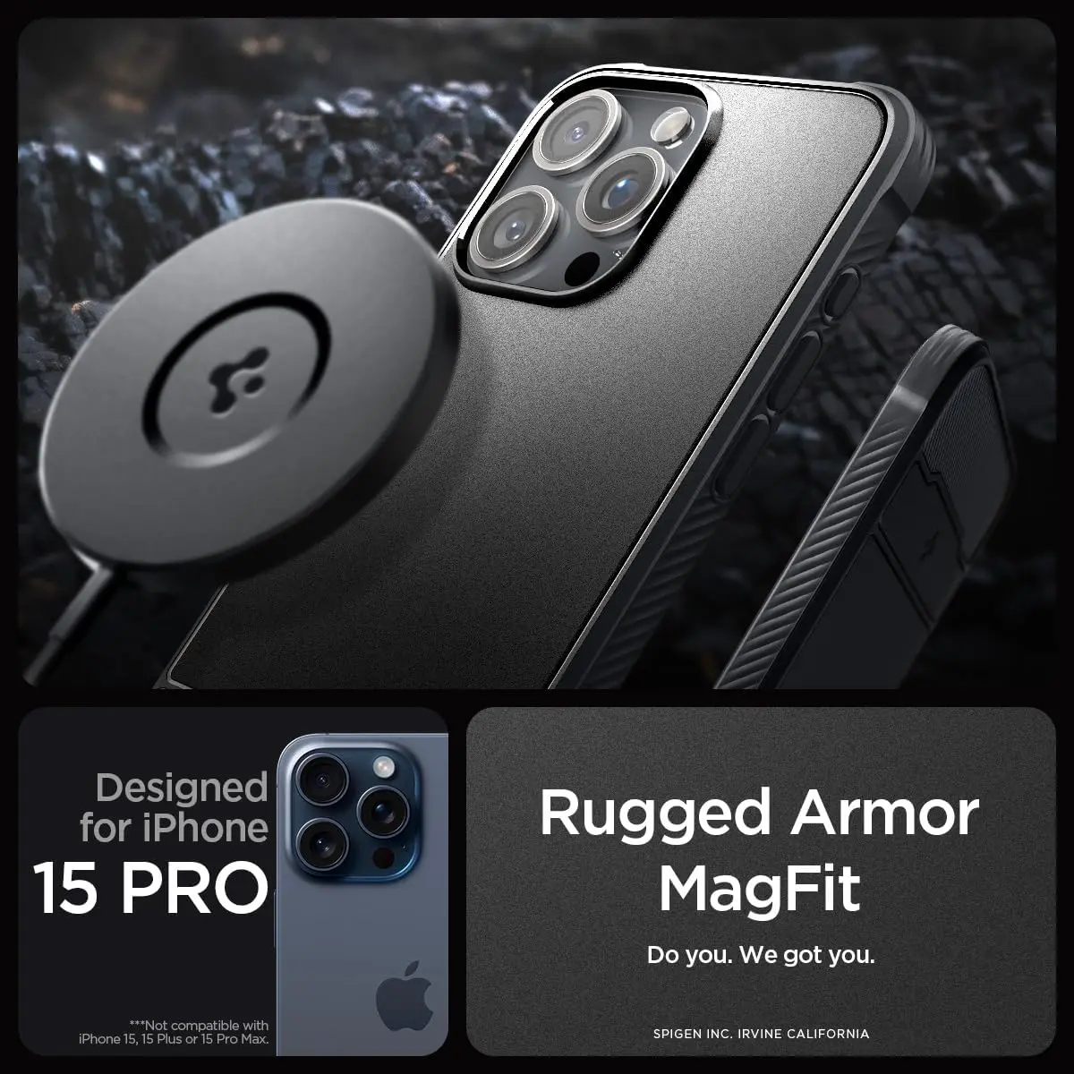Spigen Rugged Armor MagFit Designed for iPhone 15 Pro Case (2023) [Military-Grade Protection] Compatible with MagSafe - Matte Black image 2