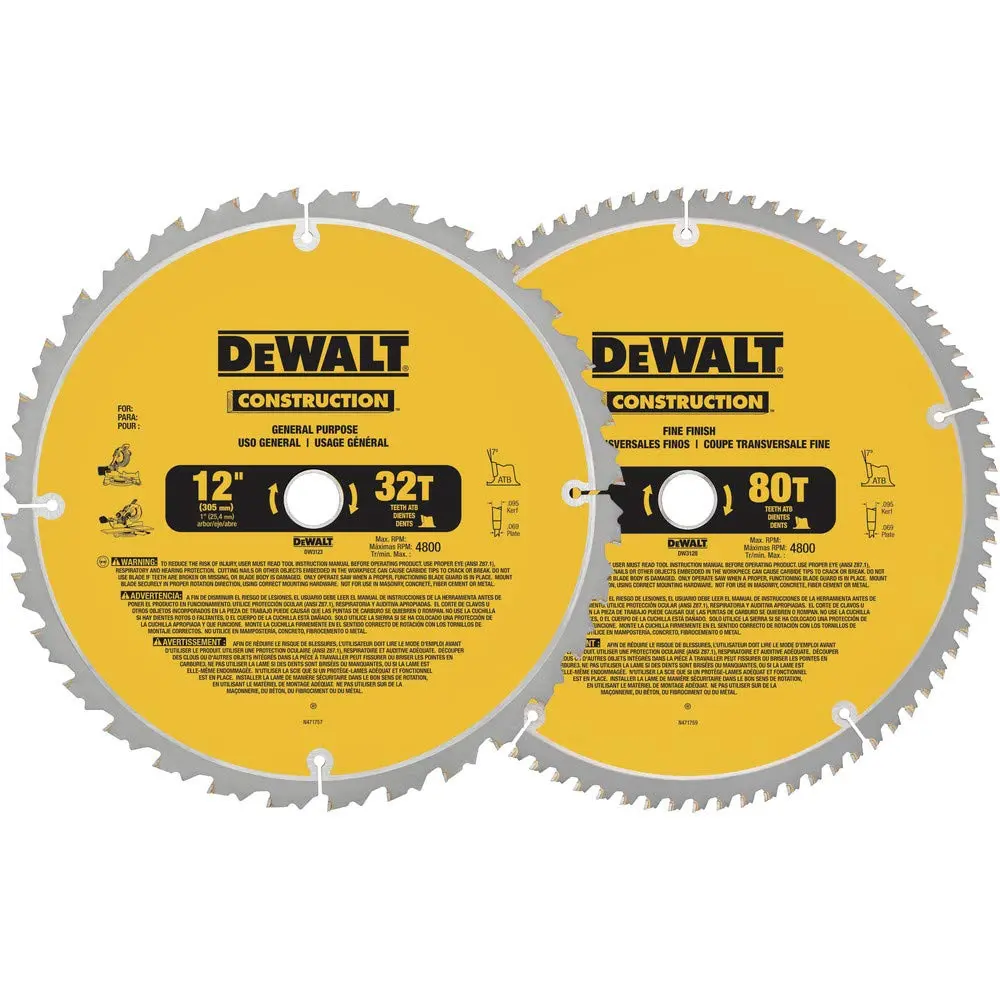 DEWALT 12-Inch Miter Saw Blade, Crosscutting, Tungsten Carbide, 80-Tooth and 32-Tooth, 2-Pack (DW3128P5, DW3123), yellow image 1