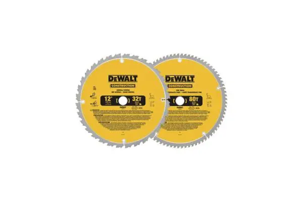 DEWALT 12-Inch Miter Saw Blade, Crosscutting, Tungsten Carbide, 80-Tooth and 32-Tooth, 2-Pack (DW3128P5, DW3123), yellow image