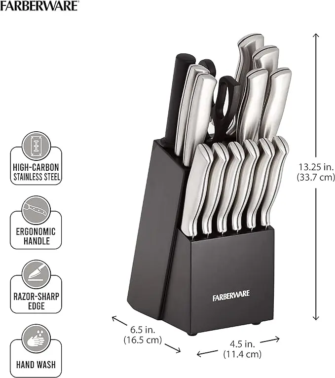 FARBERWARE 15-Piece Kitchen Knife Set with High-Carbon Stainless Steel Blades, Black Handles, Steak Knives, Wood Block, Razor Sharp and Ergonomic image 2