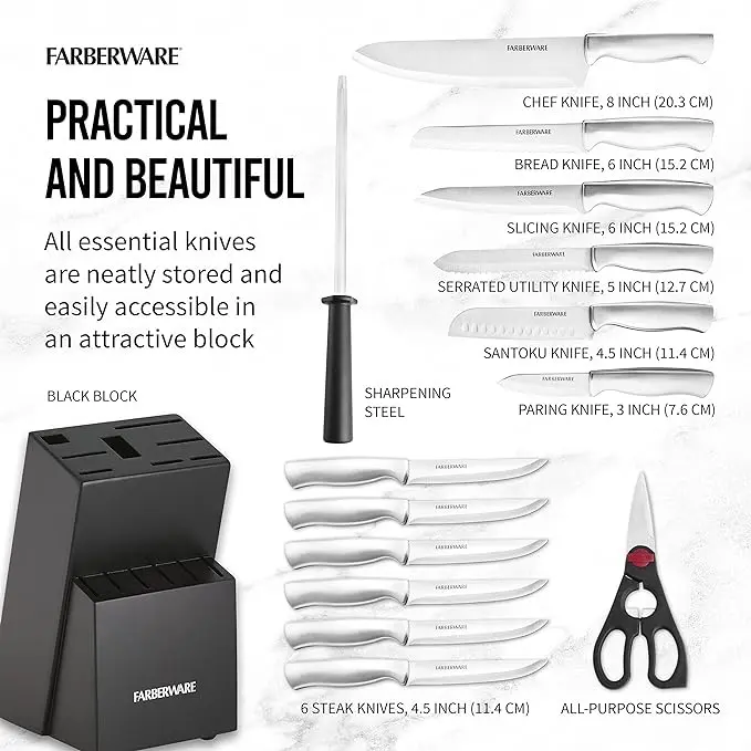 FARBERWARE 15-Piece Kitchen Knife Set with High-Carbon Stainless Steel Blades, Black Handles, Steak Knives, Wood Block, Razor Sharp and Ergonomic image 4