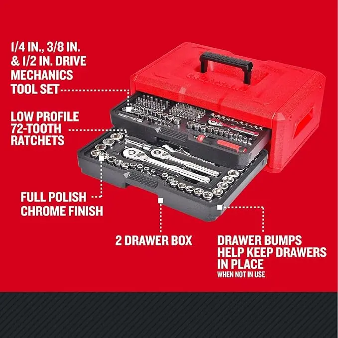 CRAFTSMAN Mechanics Tool Set, 256-Piece Hand Tool and Socket Set with 72-tooth Low Profile Ratchet and 2-Drawer Tool Box (CMMT45256) image 3