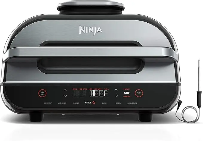 Ninja | Indoor Grill and Air Fryer| Foodi Smart XL | 6-in-1 Grill, Air Fry, Roast, Bake, Broil, Dehydrate & Crisp |Smart Thermometer & Splatter Shield | Dishwasher Safe Parts | Black/Silver | FG551 image 1
