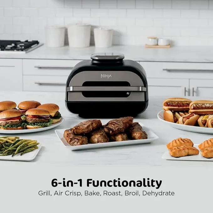 Ninja | Indoor Grill and Air Fryer| Foodi Smart XL | 6-in-1 Grill, Air Fry, Roast, Bake, Broil, Dehydrate & Crisp |Smart Thermometer & Splatter Shield | Dishwasher Safe Parts | Black/Silver | FG551 image 2
