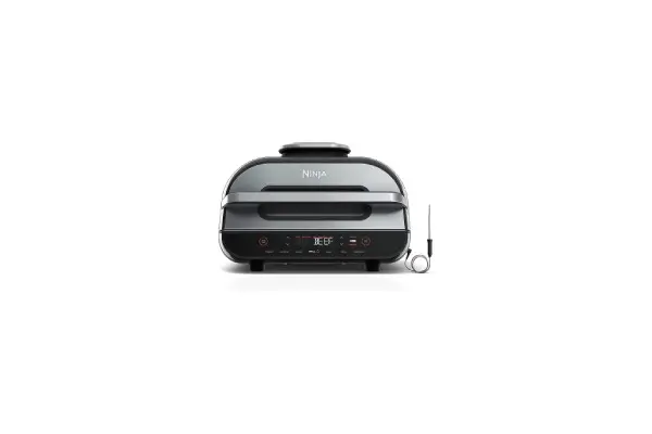 Ninja | Indoor Grill and Air Fryer| Foodi Smart XL | 6-in-1 Grill, Air Fry, Roast, Bake, Broil, Dehydrate & Crisp |Smart Thermometer & Splatter Shield | Dishwasher Safe Parts | Black/Silver | FG551 image