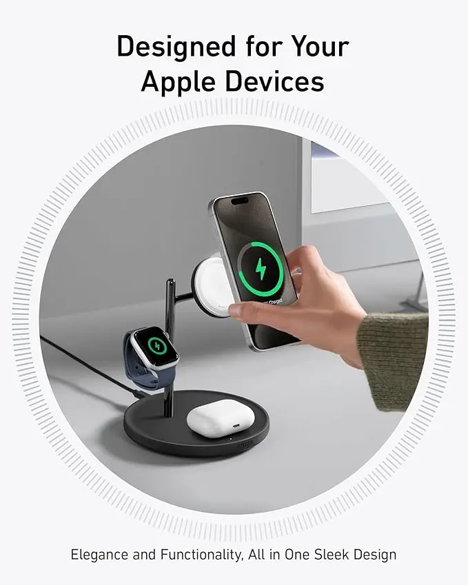 Anker MagSafe Charger Stand Compatible, iPhone 17 MagGo 3 in 1 Wireless Charging Station,Qi2 Certified 15W Wireless Charger, Desk Accessory, for iPhone 15/14/13/12 Series Apple Watch, AirPods image 3