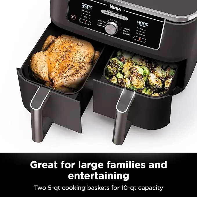 Ninja DZ401 Foodi 10 Quart 6-in-1 DualZone XL 2-Basket Air Fryer with 2 Independent Frying Baskets, Match Cook & Smart Finish to Roast, Broil, Dehydrate for Quick, Easy Family-Sized Meals, Grey image 3