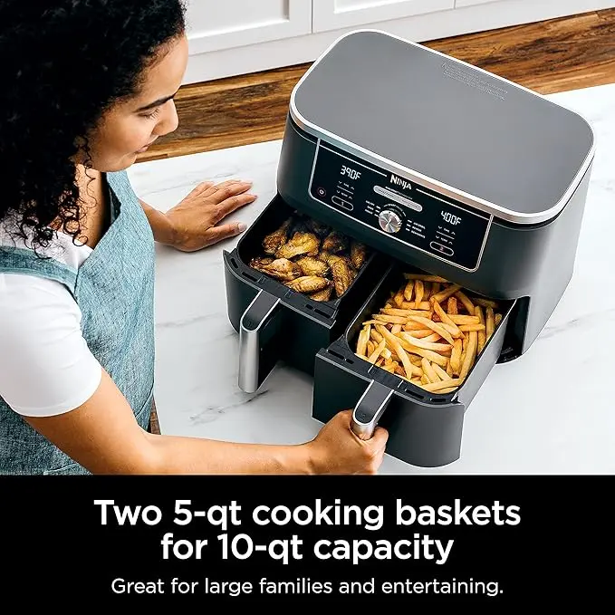 Ninja DZ401 Foodi 10 Quart 6-in-1 DualZone XL 2-Basket Air Fryer with 2 Independent Frying Baskets, Match Cook & Smart Finish to Roast, Broil, Dehydrate for Quick, Easy Family-Sized Meals, Grey image 4