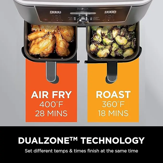 Ninja DZ401 Foodi 10 Quart 6-in-1 DualZone XL 2-Basket Air Fryer with 2 Independent Frying Baskets, Match Cook & Smart Finish to Roast, Broil, Dehydrate for Quick, Easy Family-Sized Meals, Grey image 5