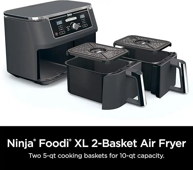 Ninja DZ401 Foodi 10 Quart 6-in-1 DualZone XL 2-Basket Air Fryer with 2 Independent Frying Baskets, Match Cook & Smart Finish to Roast, Broil, Dehydrate for Quick, Easy Family-Sized Meals, Grey image 6
