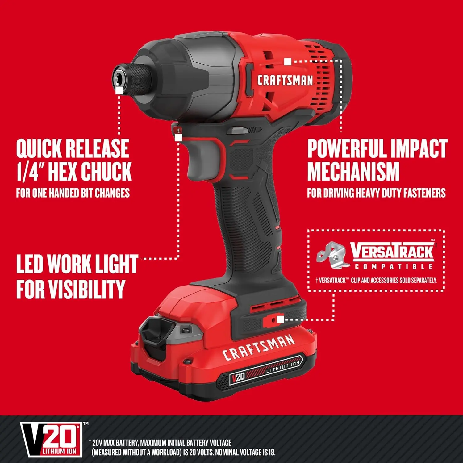CRAFTSMAN 20V MAX Impact Driver Kit, 1/4 Inch, 2,800 RPM, LED Work light, Battery and Charger Included (CMCF800C1) image 2