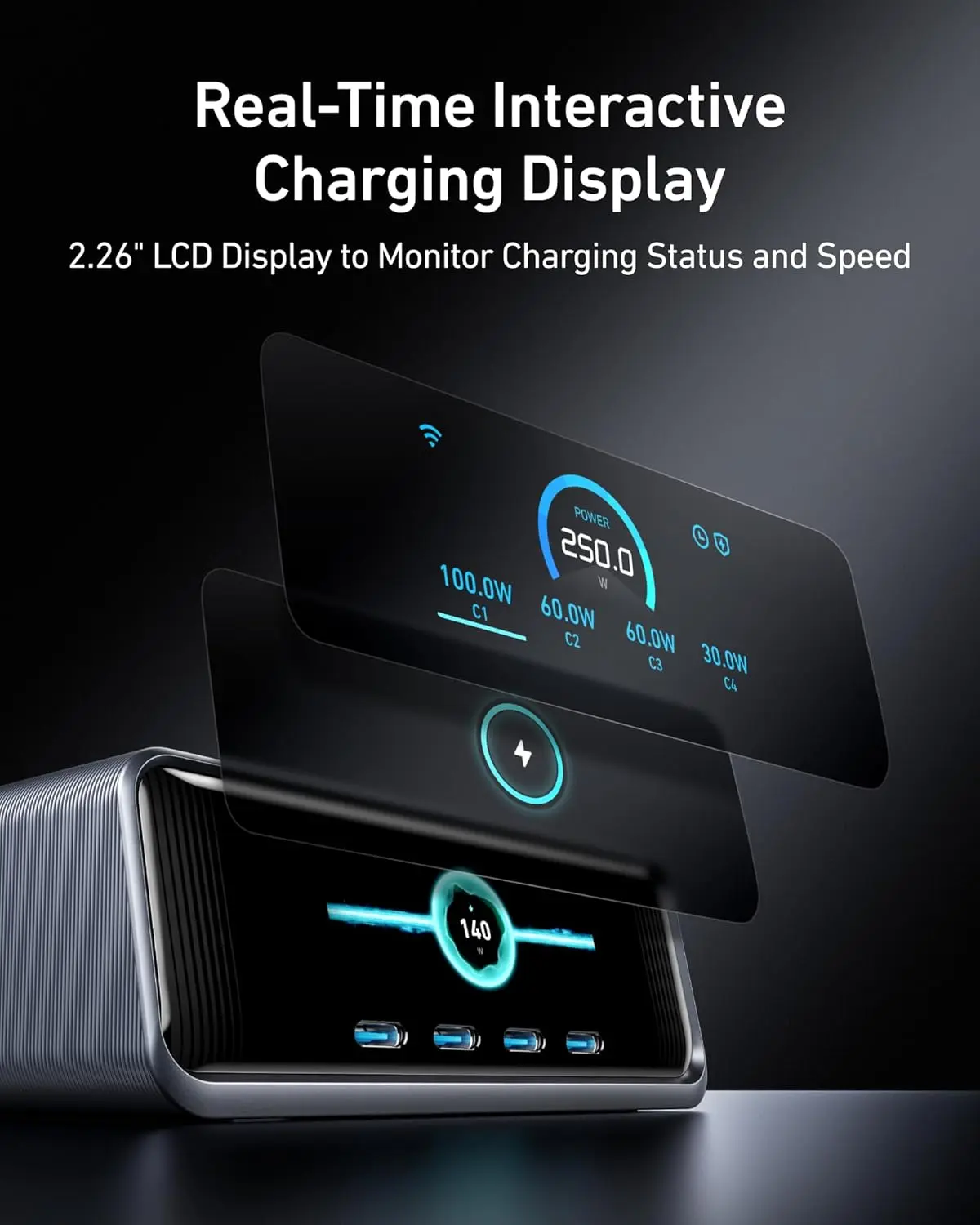 Anker Prime Charger, 250W GaN Prime USB C Charging Station, Ultra-Fast 6-Port, 2.26" LCD Display and Smart Control Dial, Compatible with MacBook Pro/Air, iPhone 16/15/14, Galaxy, and More (Silver) image 3
