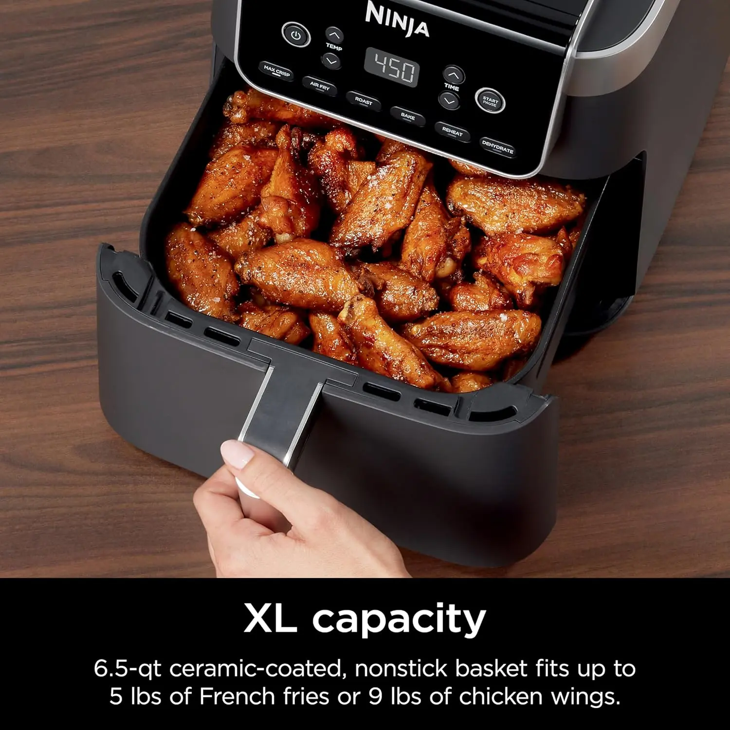 Ninja | Air Fryer | 6.5 QT Pro XL Capacity fits 9lbs of Wings | 6-in-1 Max Crisp, Air Fry, Roast, Bake, Reheat & Dehydrate | Nonstick Basket, Crisper Plate & Recipe Guide | Grey | AF181 image 3