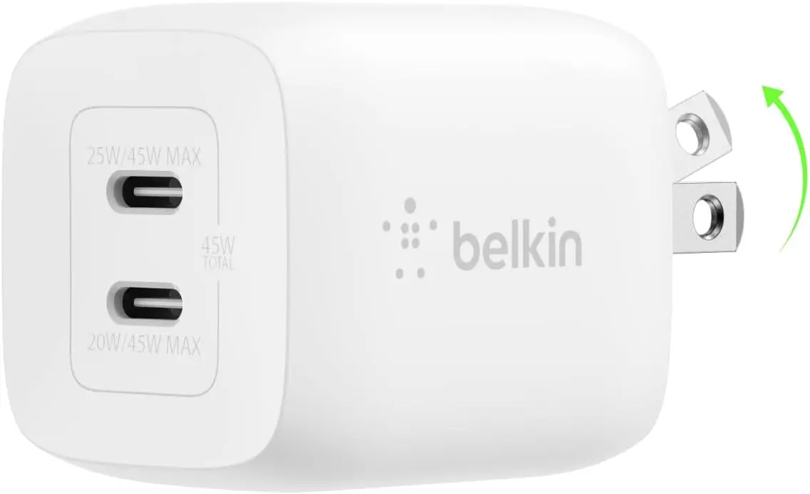 Belkin 45W Dual USB C Charger Block, Super Fast Charging PD3.0 w/ GaN Technology - Samsung Galaxy S25, Apple iPhone 17, Air, Pro, Pro Max, iPad, MacBook, AirPods, Nintendo Switch 2 & More - White image 1