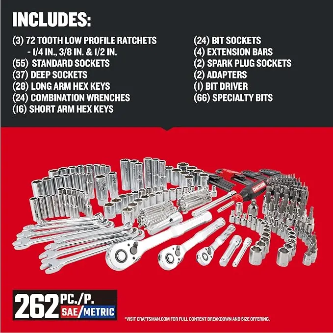 Craftsman 262-Piece Mechanic Tool Set with 3-Drawer VERSASTACK Box, SAE and Metric Socket Set, Car and Motorcycle Tool Kit with Combination Wrenches and Spark Plug Sockets (CMMT45309) image 4
