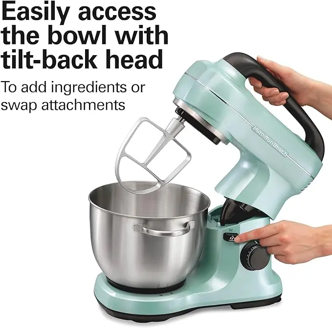 Hamilton Beach Electric Stand Mixer, 4 Quarts, Dough Hook, Flat Beater Attachments, Splash Guard, 7 Speeds with Whisk, Easy-Carry Top Handle, Aqua image 6