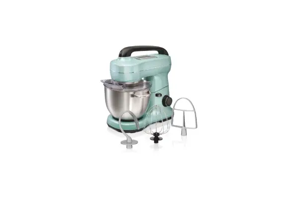 Hamilton Beach Electric Stand Mixer, 4 Quarts, Dough Hook, Flat Beater Attachments, Splash Guard, 7 Speeds with Whisk, Easy-Carry Top Handle, Aqua image