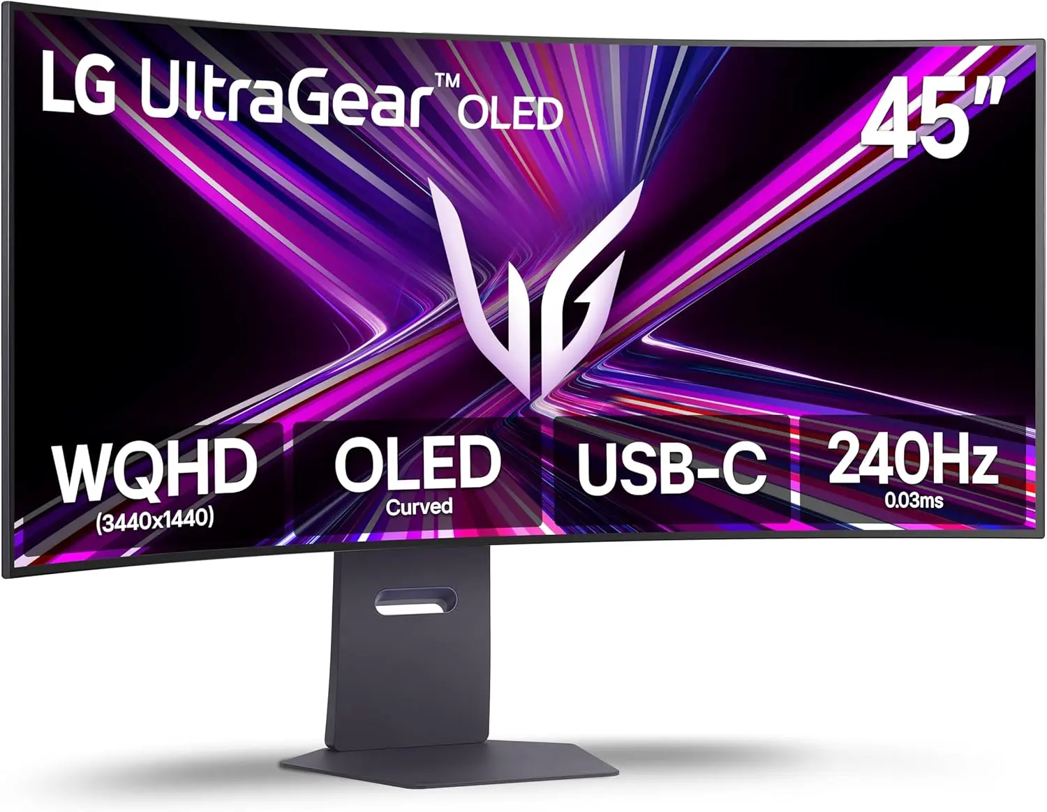 LG 45GX900A-B 45-Inch Ultragear WQHD (3440 x 1440) OLED Curved Gaming Monitor, 240Hz, 0.03ms, NVIDIA G-Sync, VESA DisplayHDR True Black 400, HDMI 2.1, DisplayPort, USB Type-C PD 65W, Black image 1