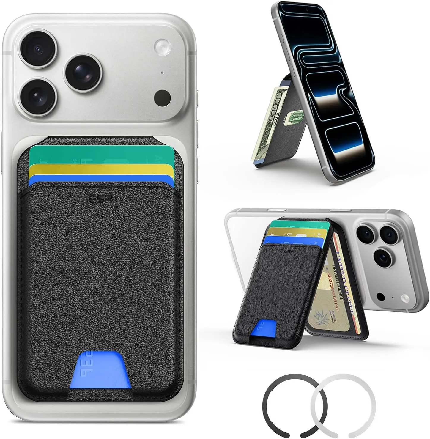 ESR for MagSafe Wallet with Stand, RFID Blocking with MagSafe Ring, 5 Card Holder for Phone Case, Slim Leather Magnetic Wallet for iPhone 17/16/15/14/13/12 Series(Not for Mini), Selected Samsung,Black image 1