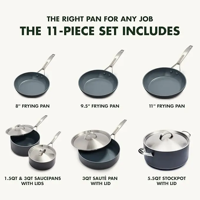 GreenPan Paris Pro Hard Anodized Healthy Ceramic Nonstick, 11 Piece Cookware Pots and Pans Set with Stainless Steel Lids, PFAS-Free, Dishwasher Safe, Grey image 4
