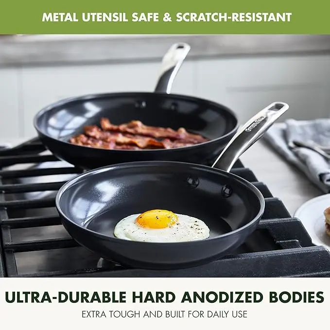 GreenPan Chatham Prime Midnight 8" and 10" Frying Pan Set, Hard Anodized Ceramic Nonstick, PFAS-Free, Dishwasher Safe, Oven Safe, Healthy Cooking Skillet for Eggs and Omelets, Black image 3