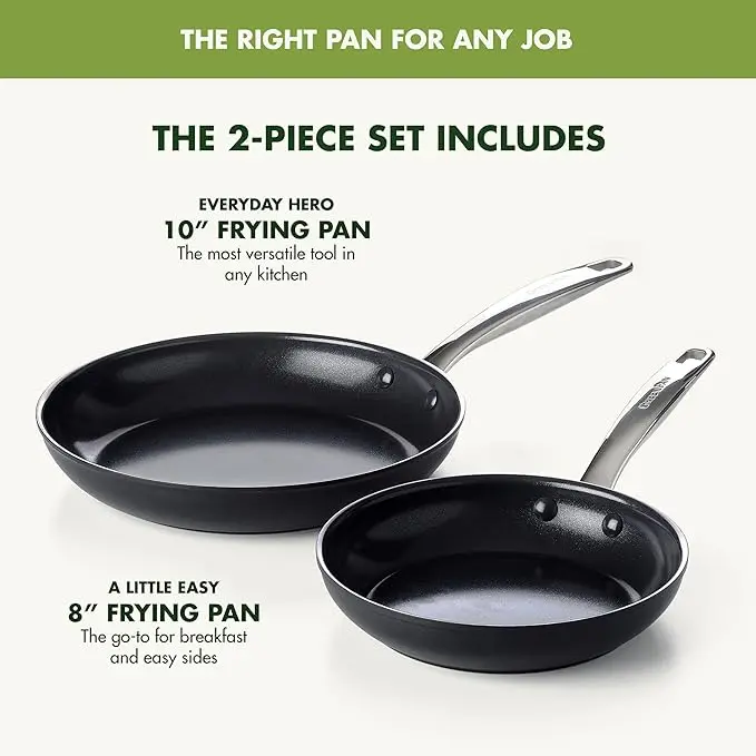 GreenPan Chatham Prime Midnight 8" and 10" Frying Pan Set, Hard Anodized Ceramic Nonstick, PFAS-Free, Dishwasher Safe, Oven Safe, Healthy Cooking Skillet for Eggs and Omelets, Black image 4