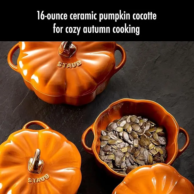 STAUB 0.5-qt Petite Ceramic, Oven & Stove Safe up to 572°F, Pumpkin Dish, Baking , Candy Dish, Burnt Orange image 2
