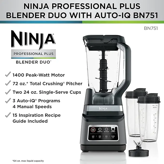 Ninja BN751 Professional Plus DUO Blender, 1400 Peak Watts, 3 Auto-IQ Programs for Smoothies, Frozen Drinks & Nutrient Extractions, 72-oz. Total Crushing Pitcher & (2) 24 oz. To-Go Cups, Black image 3