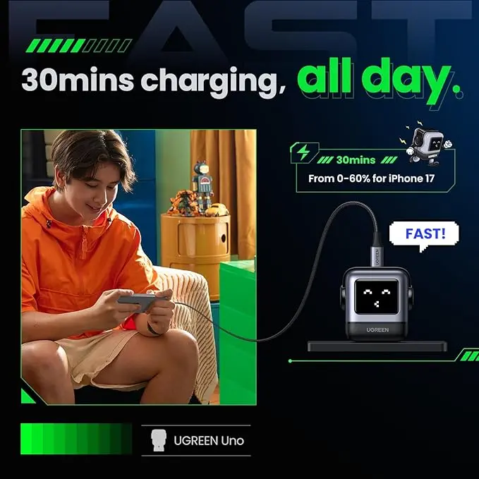 UGREEN Uno 30W USB C Charger Block, Compact Robot GaN Fast Charger for iPhone 17, Gifts for Women Men, Compatible with iPhone 17/16/15, Galaxy S25/S24/S23, Pixel 10/9/8, iPad, Black image 3