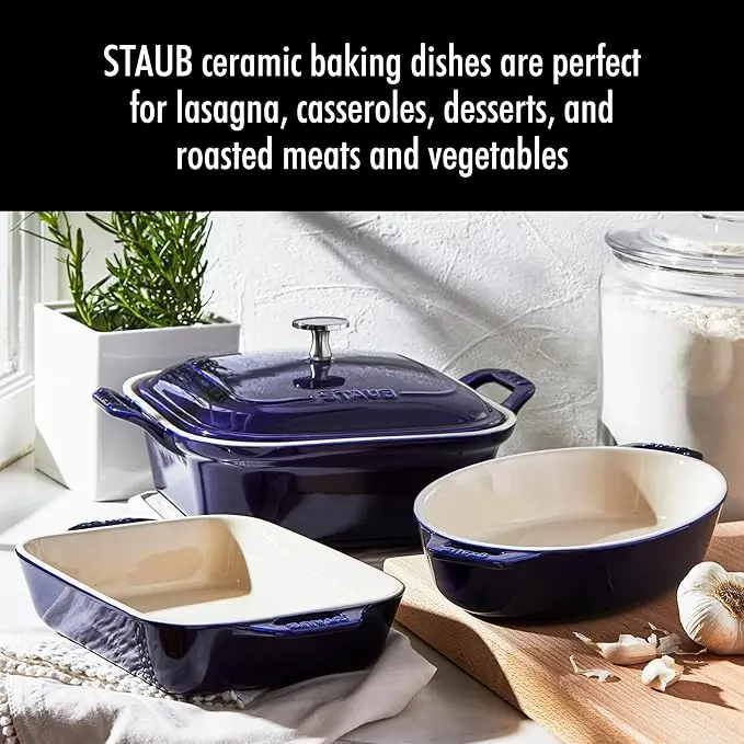 STAUB Ceramic 4-pc Baking Pans Set, Casserole Dish with Lid, Brownie Pan, Dark Blue image 2