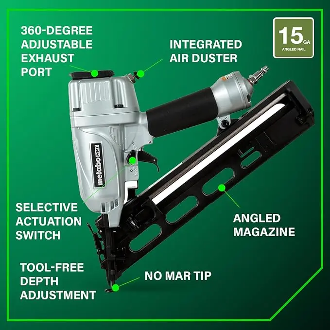 Metabo HPT Finish Nailer with Air Duster, Pro-Preferred Pneumatic Power Nailer for Crown Moldings, Base Moldings, and More, Selective Actuation, 15 Gauge Angled, 1-1/4″ to 2-1/2″ Finish Nails, NT65MA4 image 4