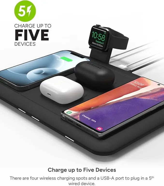 Mophie 4-in-1 Wireless Charging Mat for Apple iPhone, AirPods & Watch, Samsung Galaxy, Google Pixel, and All Qi-Enabled Devices, Additional USB-A Port, Intuitive Design, Includes Apple Watch Stand image 2